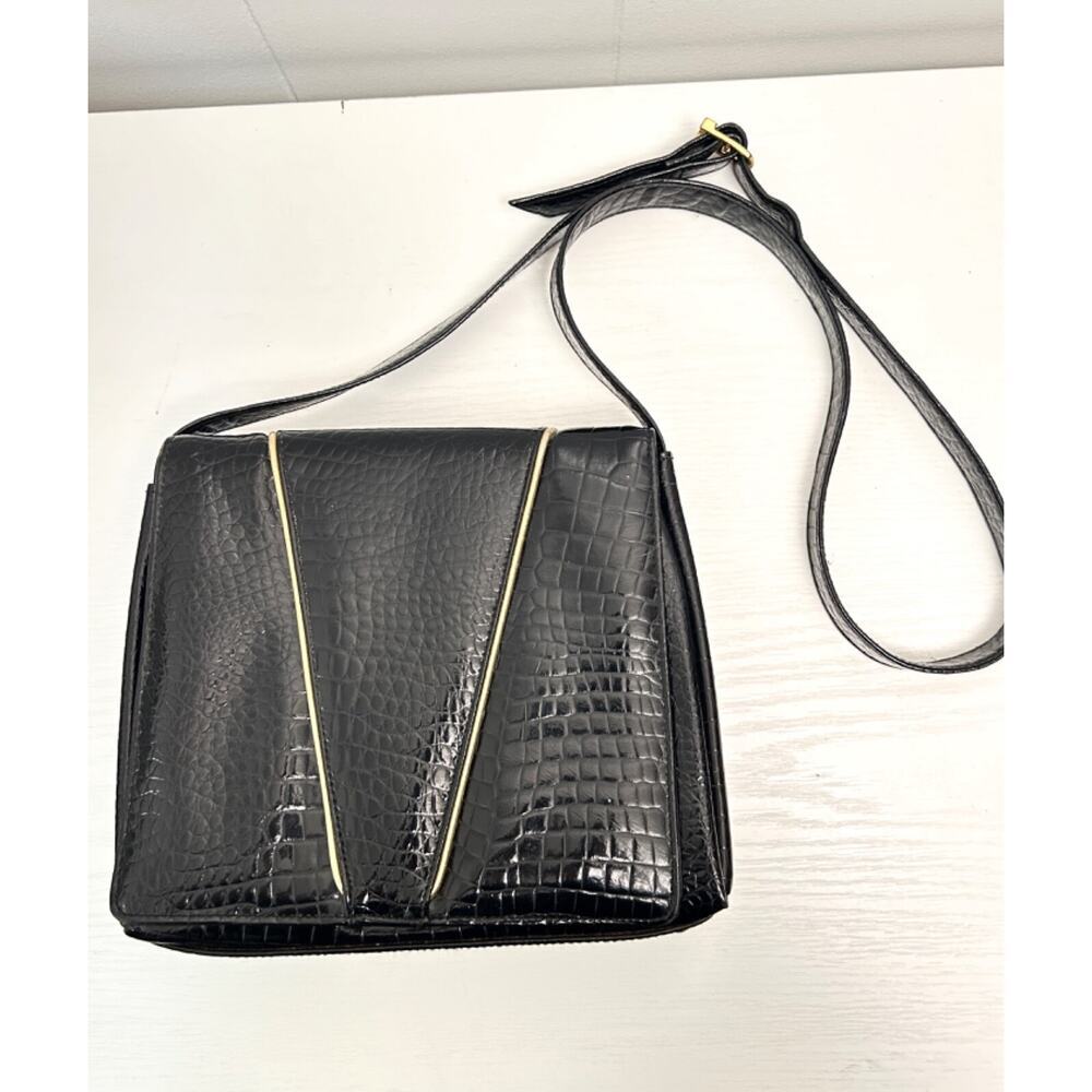 Vintage 70s/80s Black Mock Croc Shoulder Bag with Gold Trim